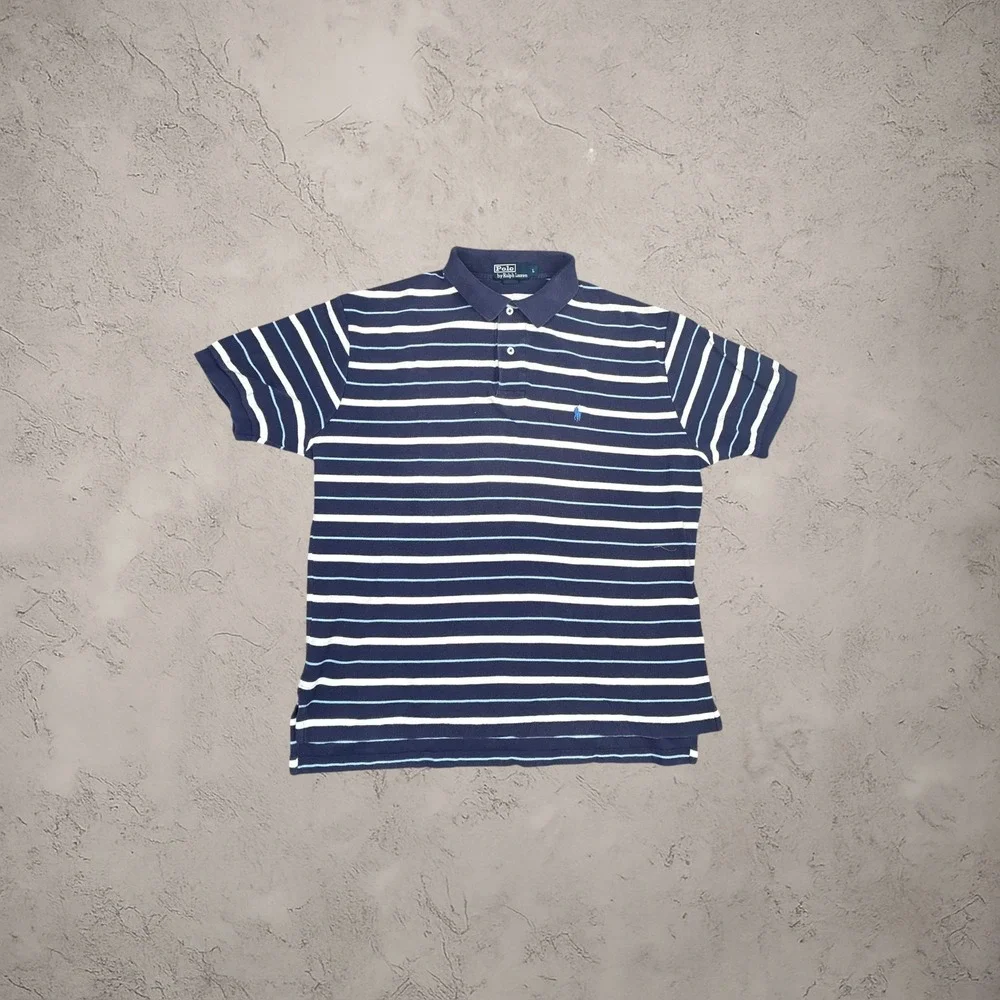 Polo Ralph‎ Lauren Striped Polo Shirt Mens Large Navy Blue White Y2K 90s Relaxed
